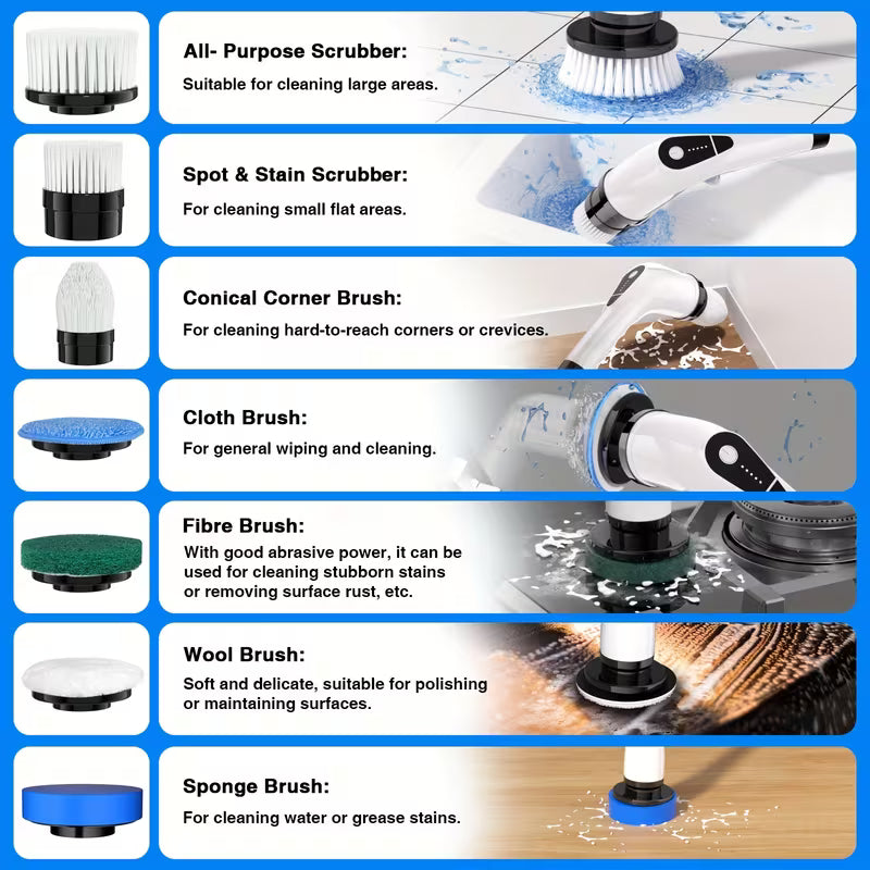 7-in-1 Electric Cleaning Brush, Cordless Spin Scrubber with Adjustable Extension Handle for Bathroom, Bathtub, Tile, Kitchen, Floor & Home